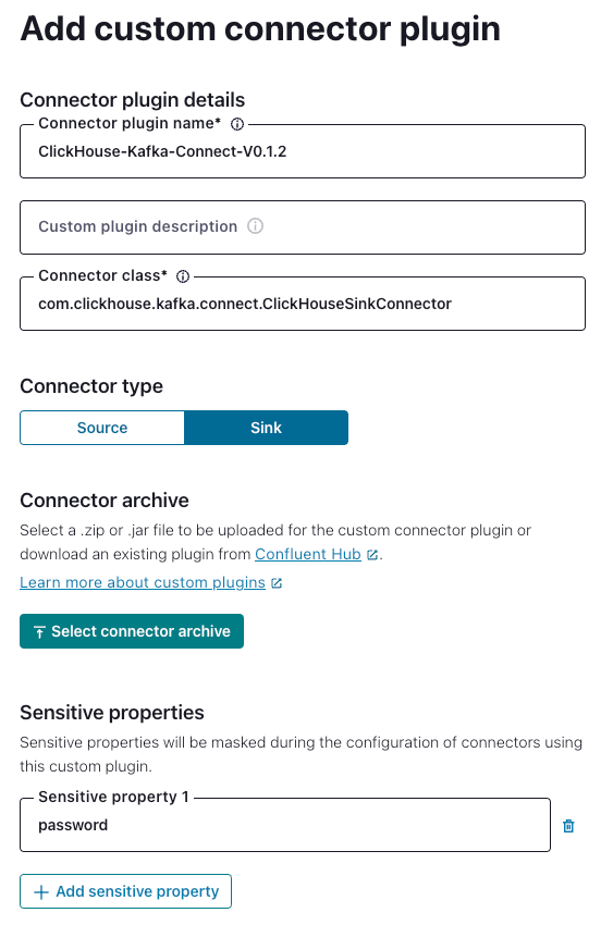 ClickHouse のカスタムコネクタを追加するための設定を表示している Confluent Platform の UI