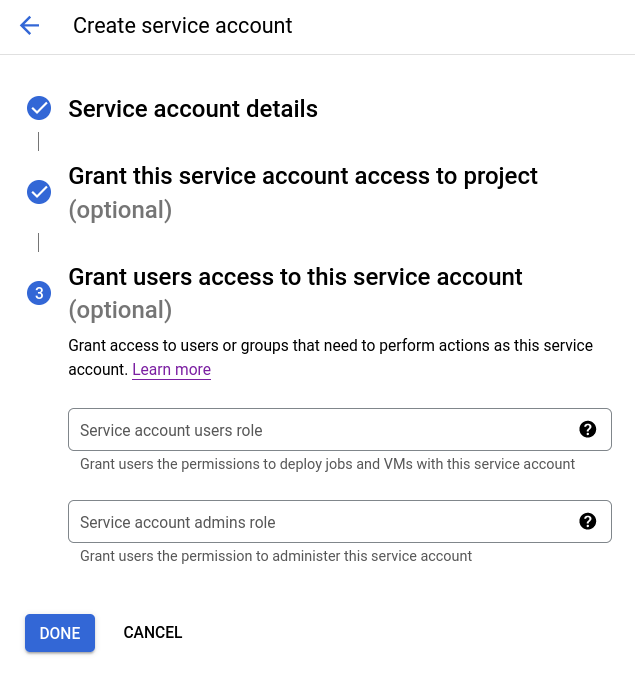 GCS で新しいサービスアカウントの追加設定を構成する