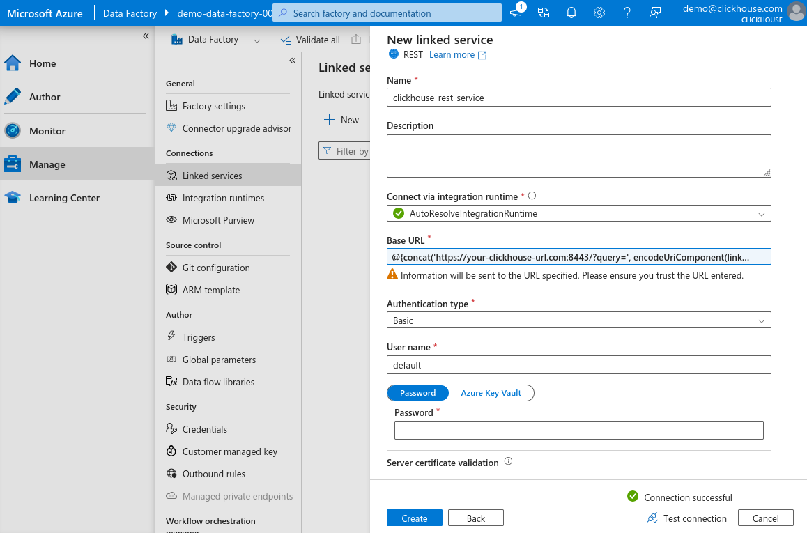 新しい Linked Service の接続テスト