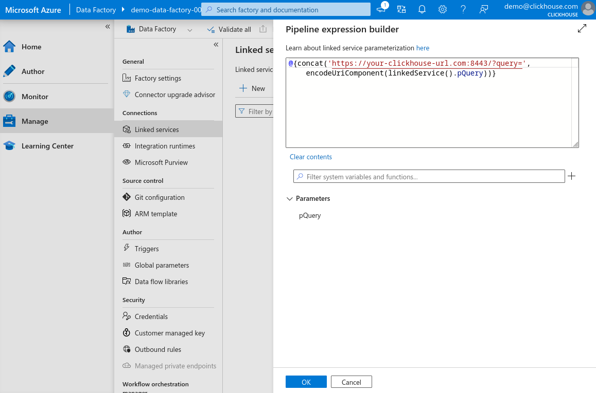 新しい Linked Service の Expression フィールド（入力済み）