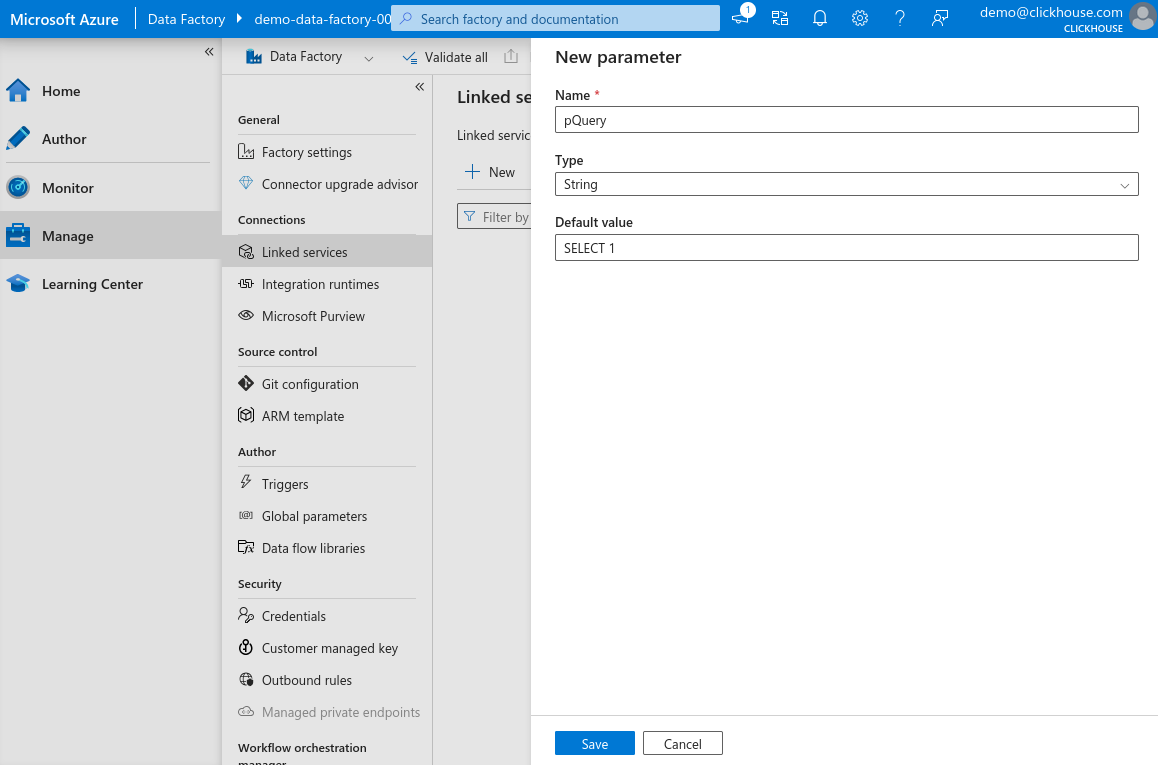 新しい Linked Service のパラメーター