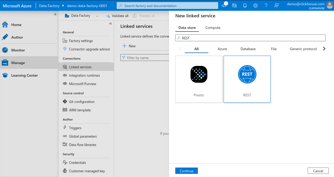Azure Data Factory の New Linked Service 検索