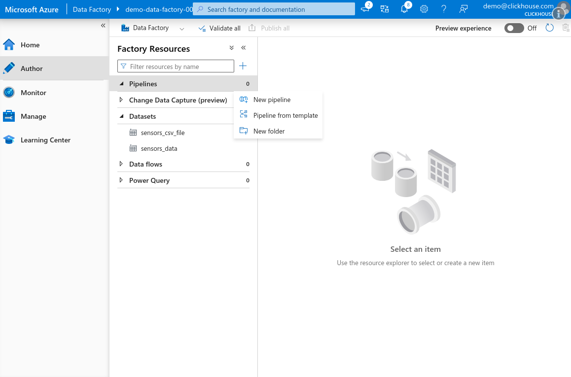 ADF 新規パイプライン項目