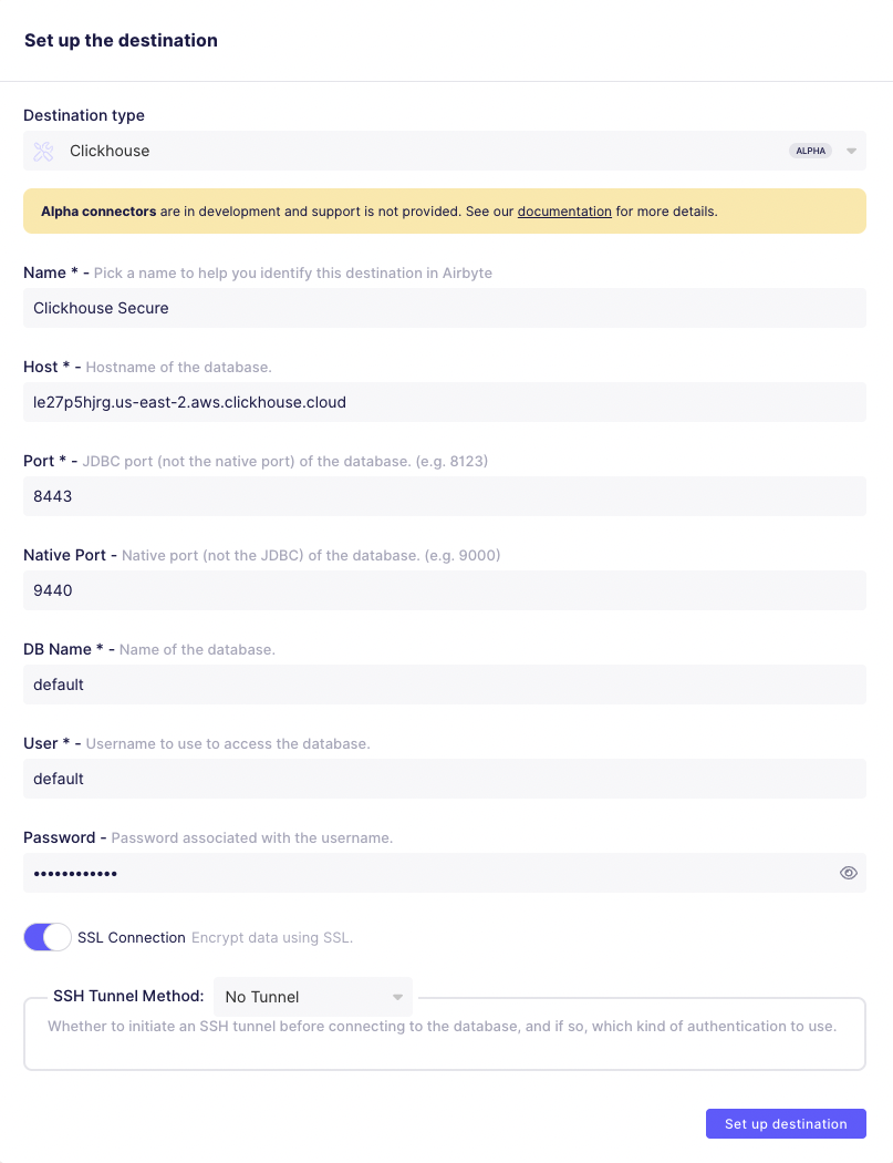 Airbyte で ClickHouse 送信先を作成する