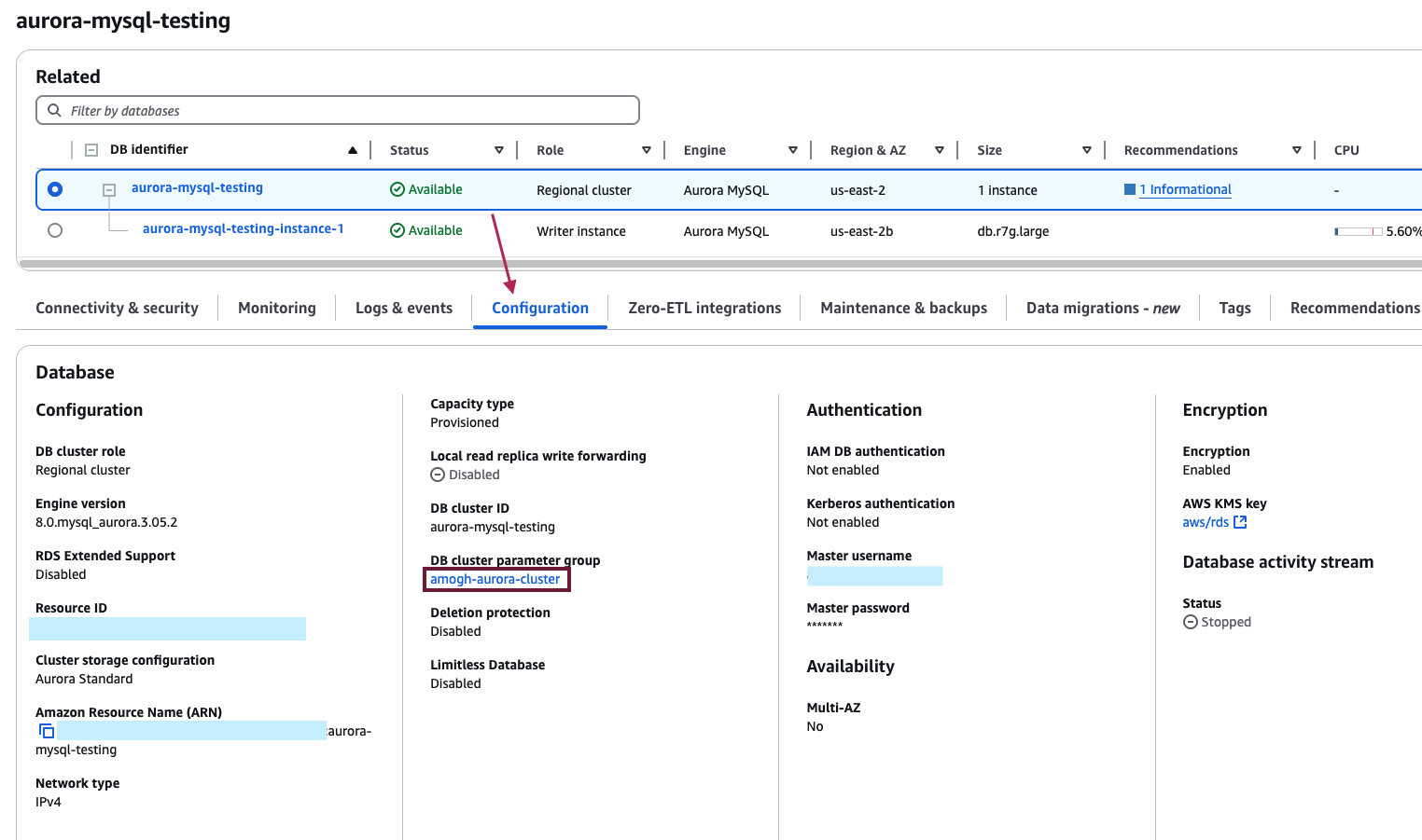 Aurora でパラメーターグループを確認できる場所