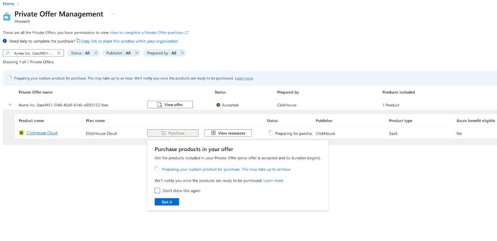 Azure Marketplace Private Offer Management ページ