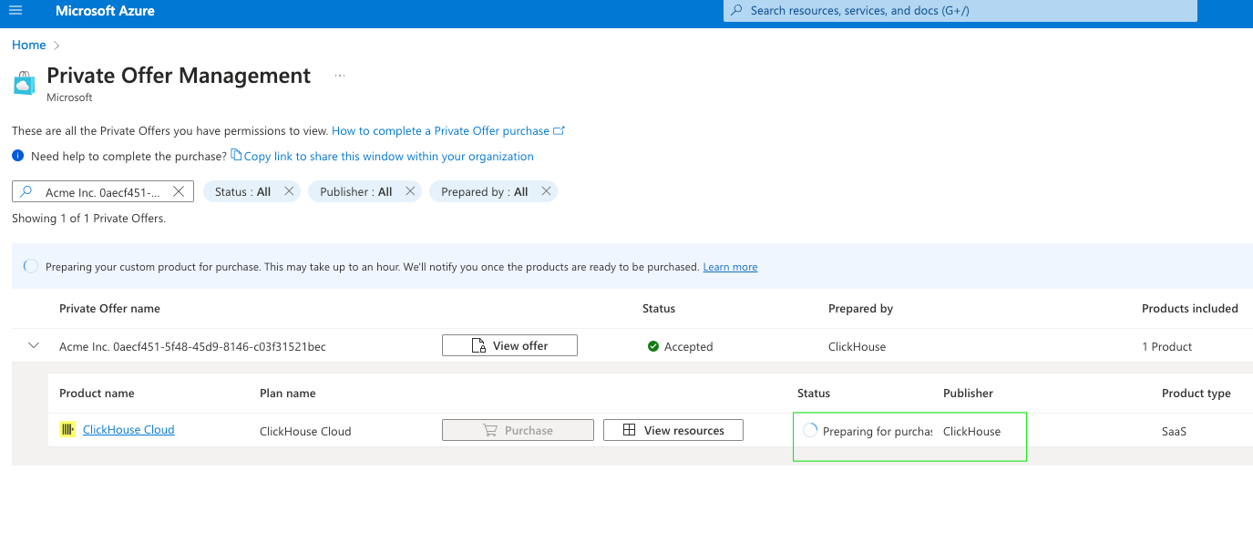 Azure Marketplace Private Offer Management ページの読み込み中画面