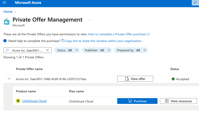 Azure Marketplace Private Offer Management ページ(購入が有効化された状態)