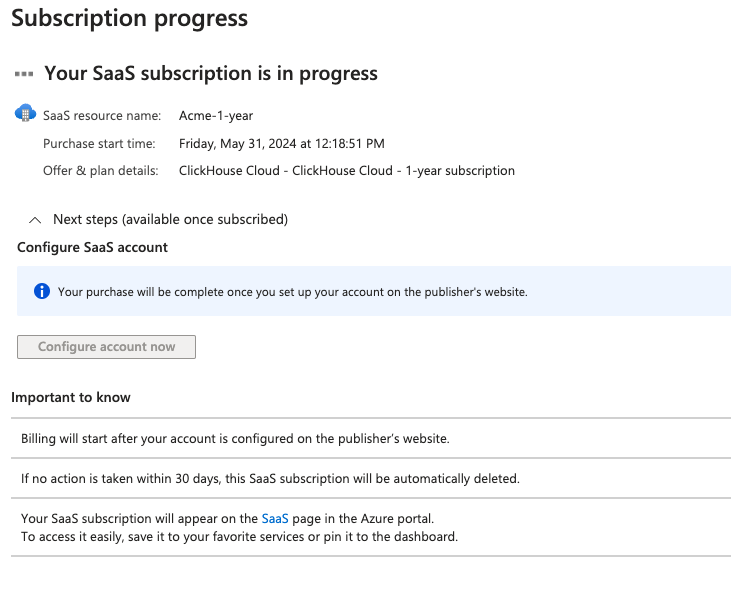 Azure Marketplace サブスクリプション送信中のページ