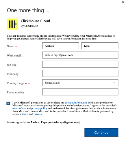 ClickHouse Cloud サインアップ情報フォーム