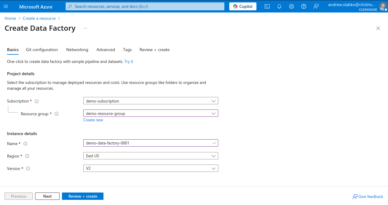 Azure Portal 新規 Data Factory