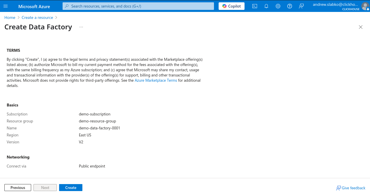 Azure Portal 新規 Data Factory 確認