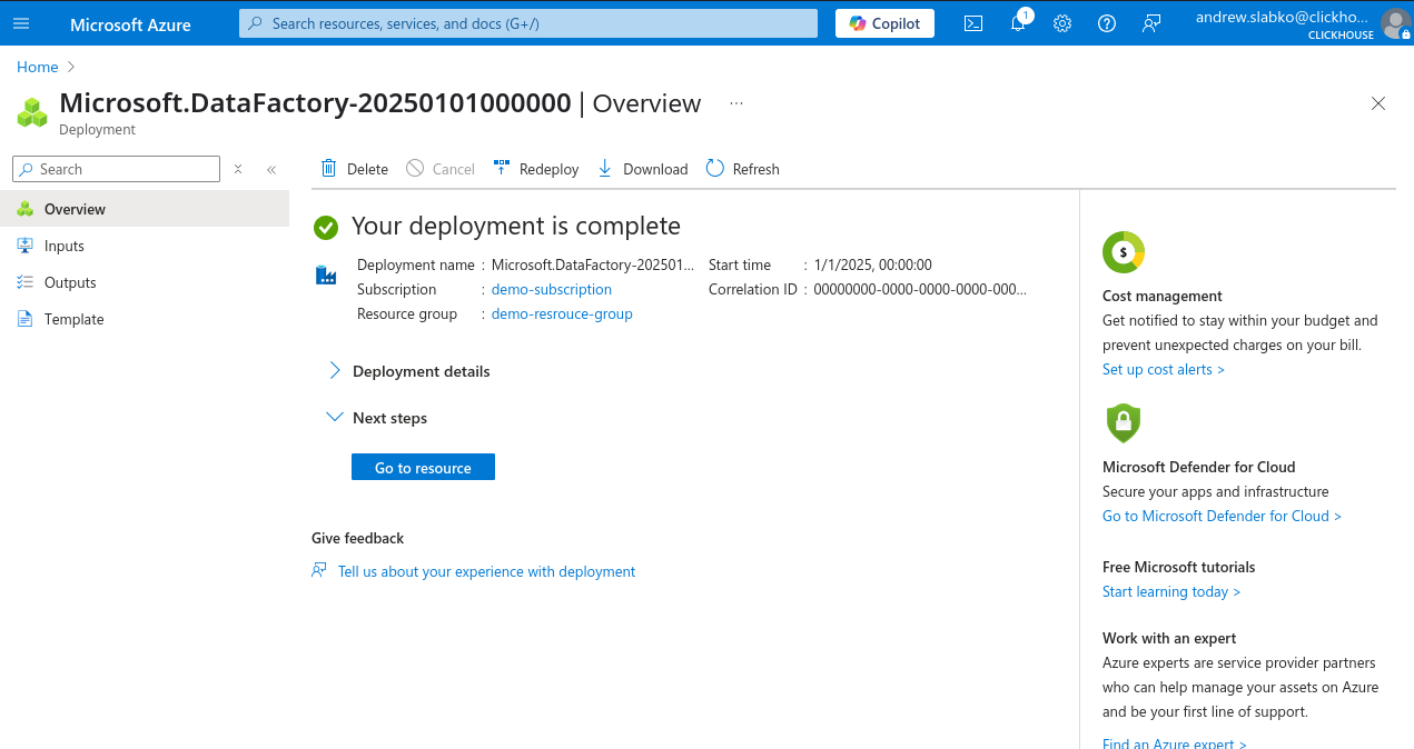 Azure Portal 新規 Data Factory 成功