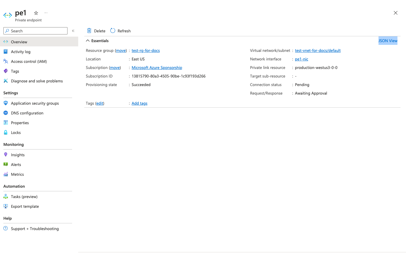 プライベート エンドポイントのビュー