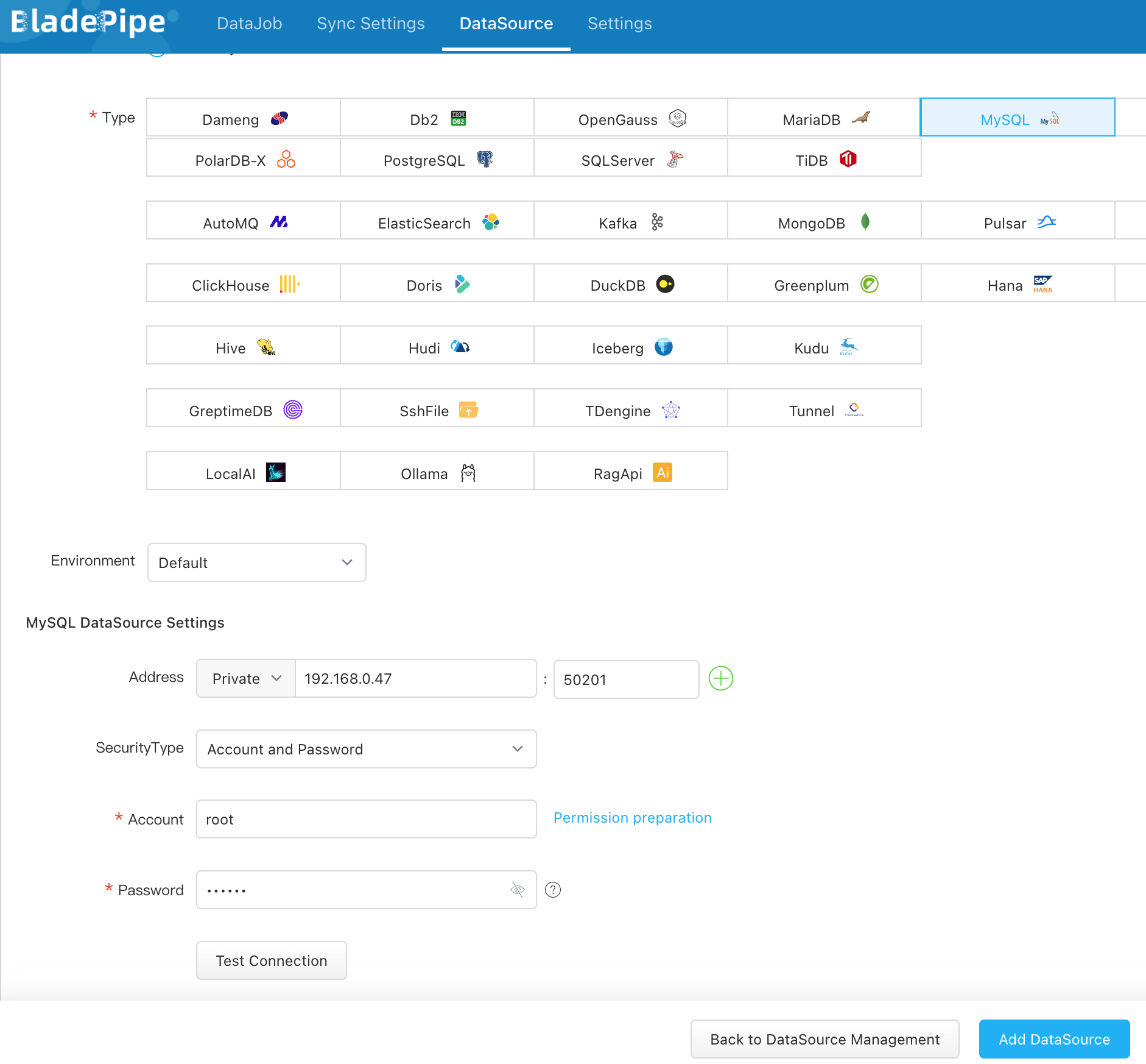 MySQL をソースとして追加する