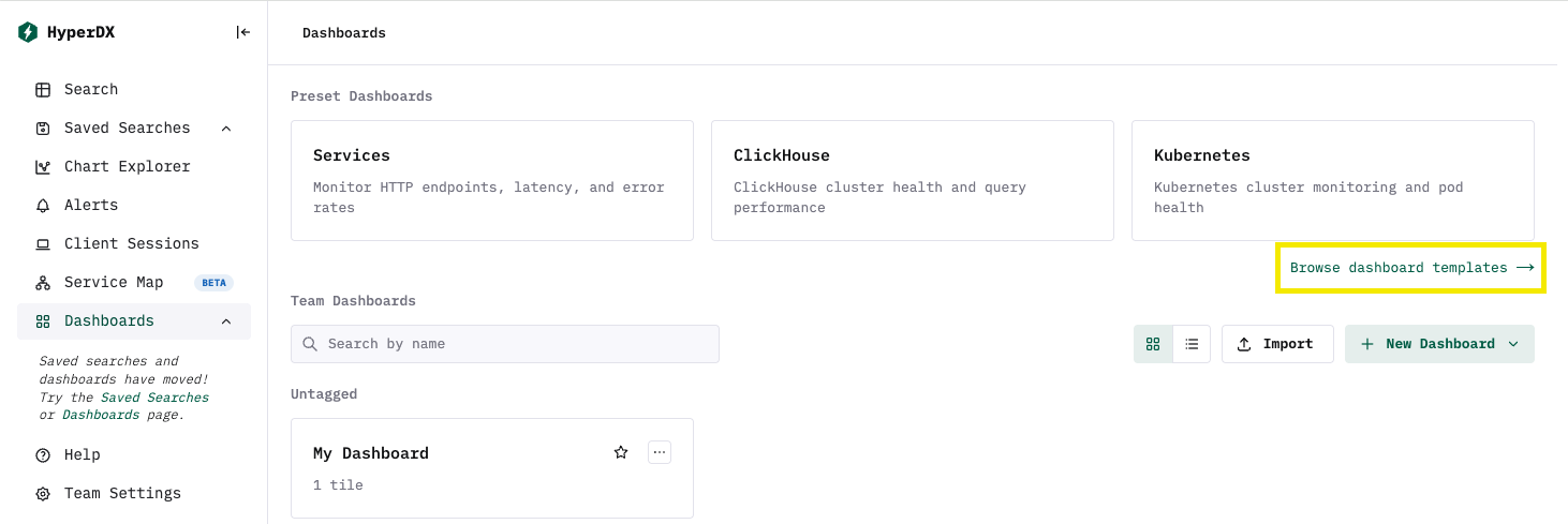ダッシュボードテンプレートを参照ボタン
