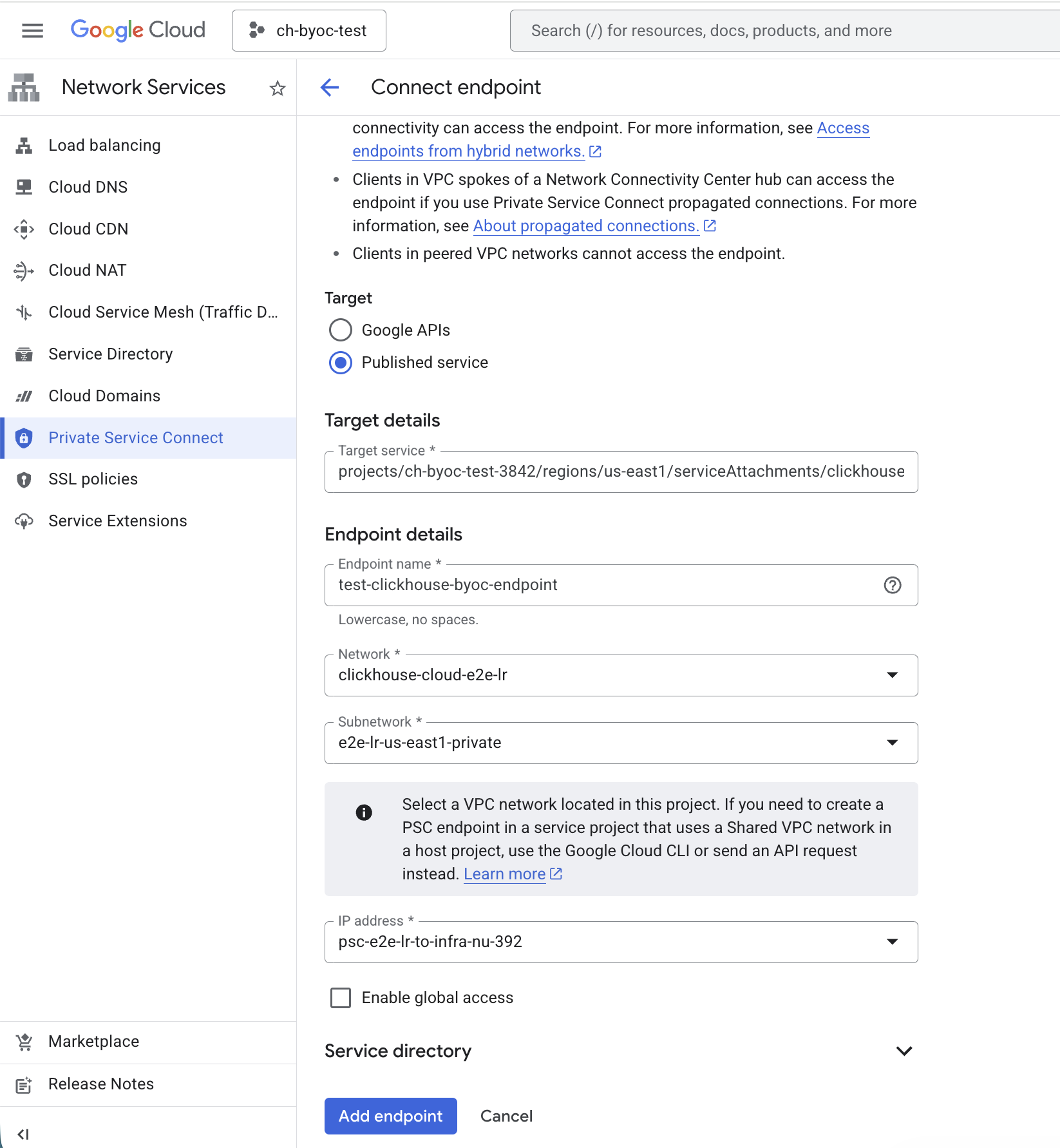 BYOC PSC エンドポイントの作成