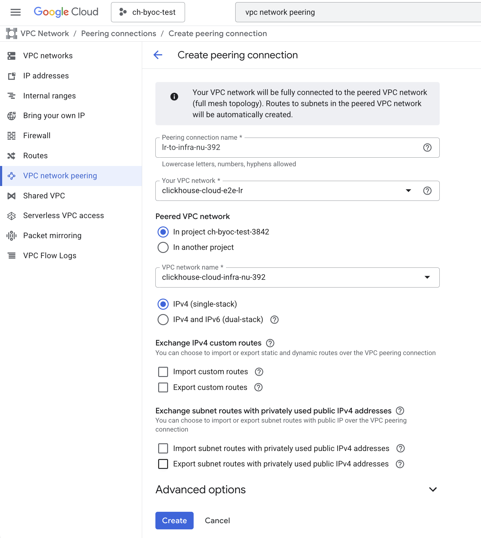 BYOC ピアリング接続を承認