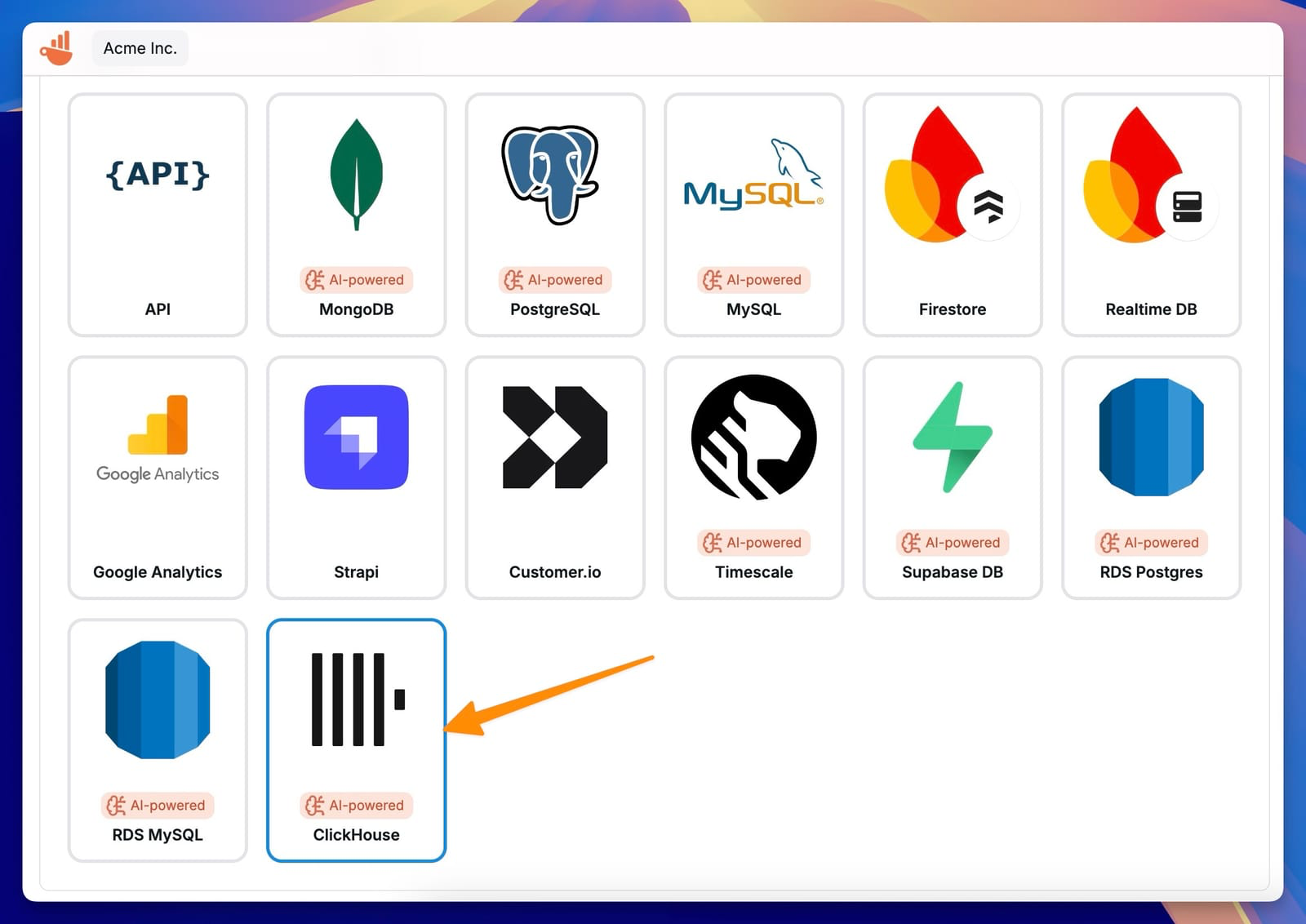 Chartbrew で ClickHouse 接続を選択する