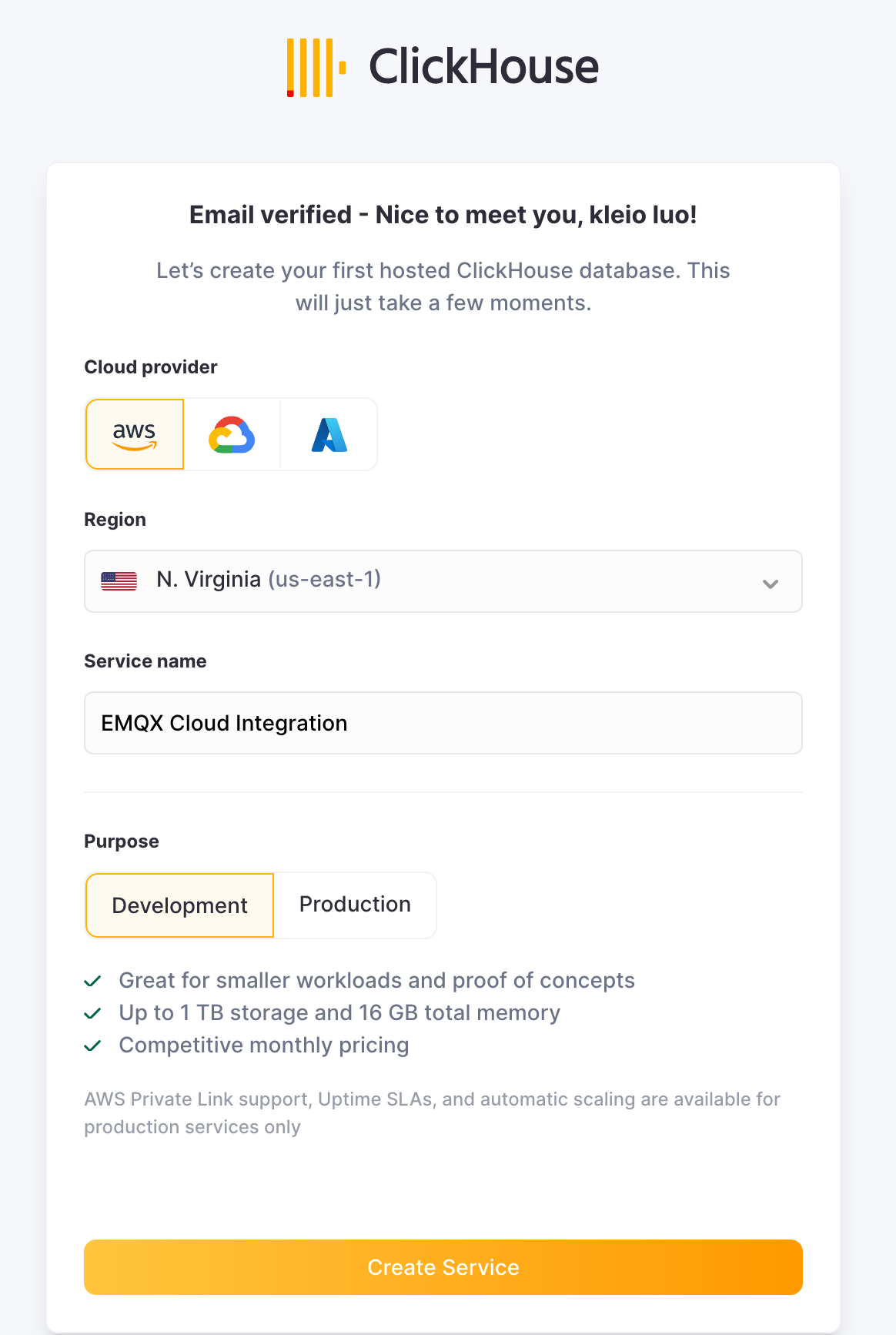 AWS リージョン選択を表示している ClickHouse Cloud サービスのデプロイインターフェース