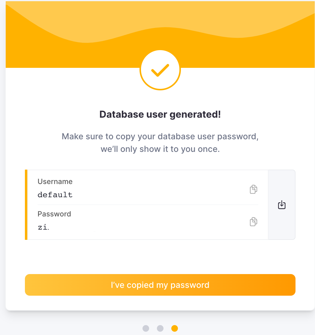 ユーザー名とパスワードを表示している ClickHouse Cloud の認証情報画面