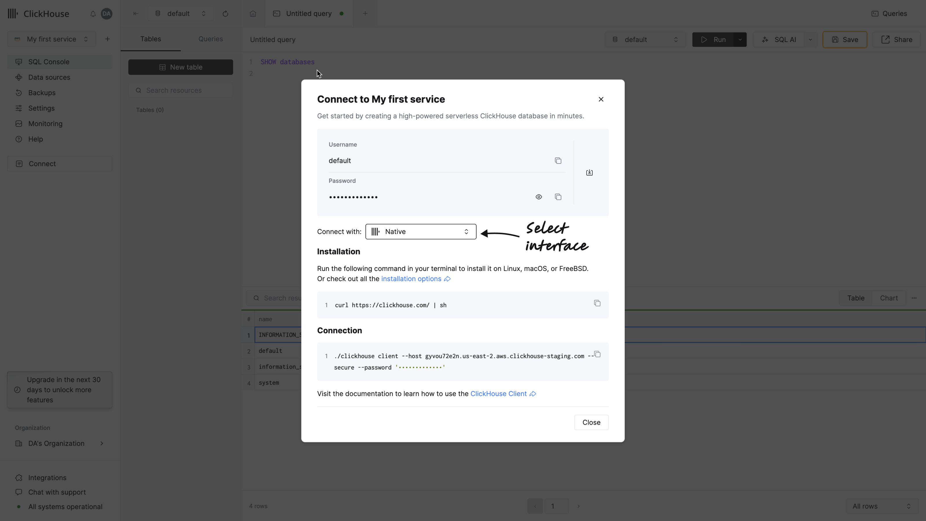 ClickHouse クライアントの接続情報
