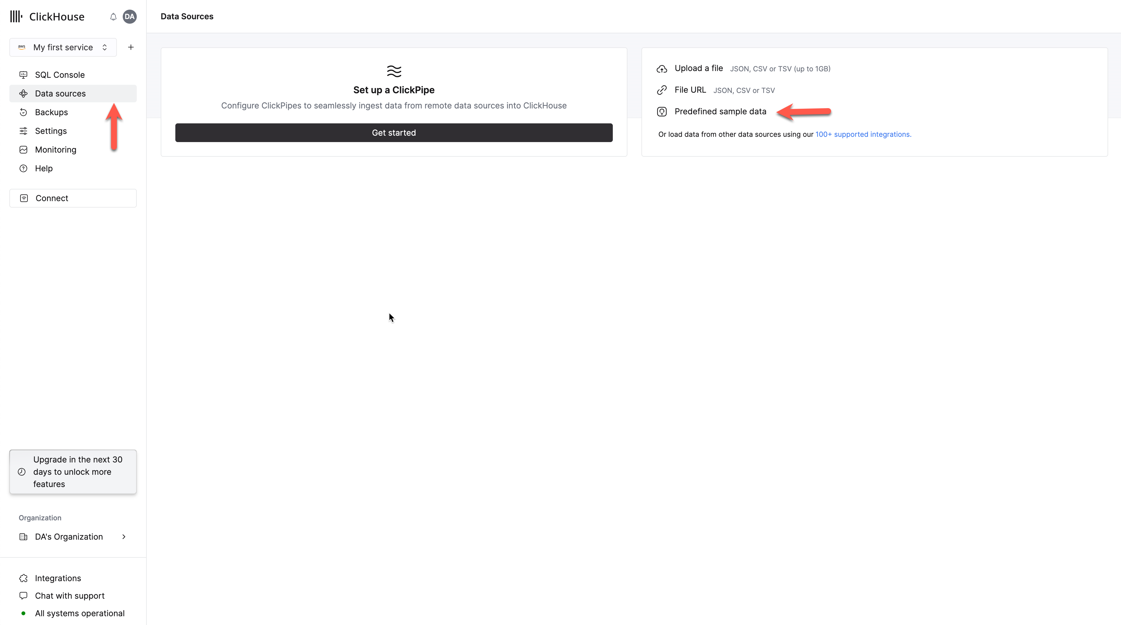 ClickHouse Cloud サービスの Actions メニューに表示されている Data sources および Predefined sample data オプション