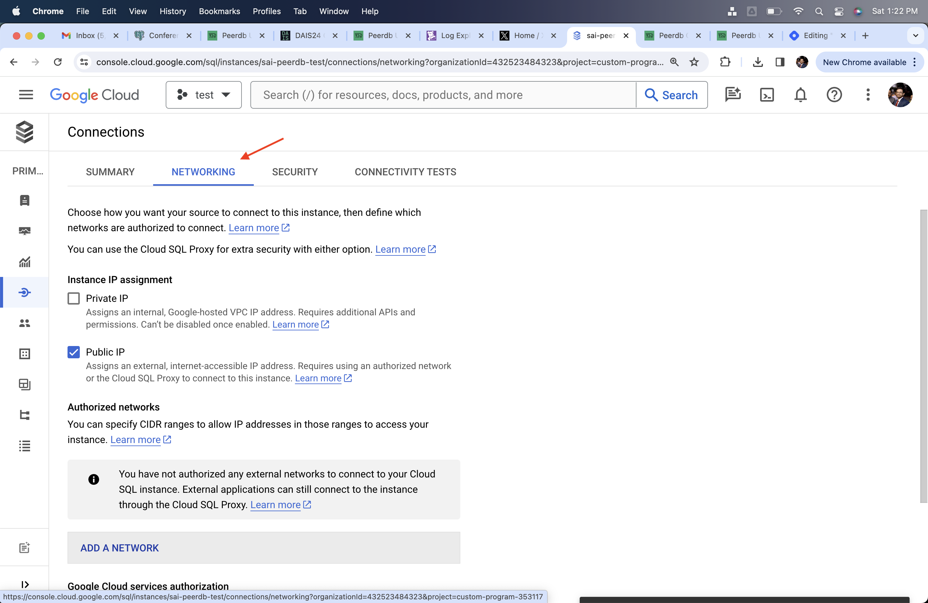 Cloud SQL の Networking サブセクション