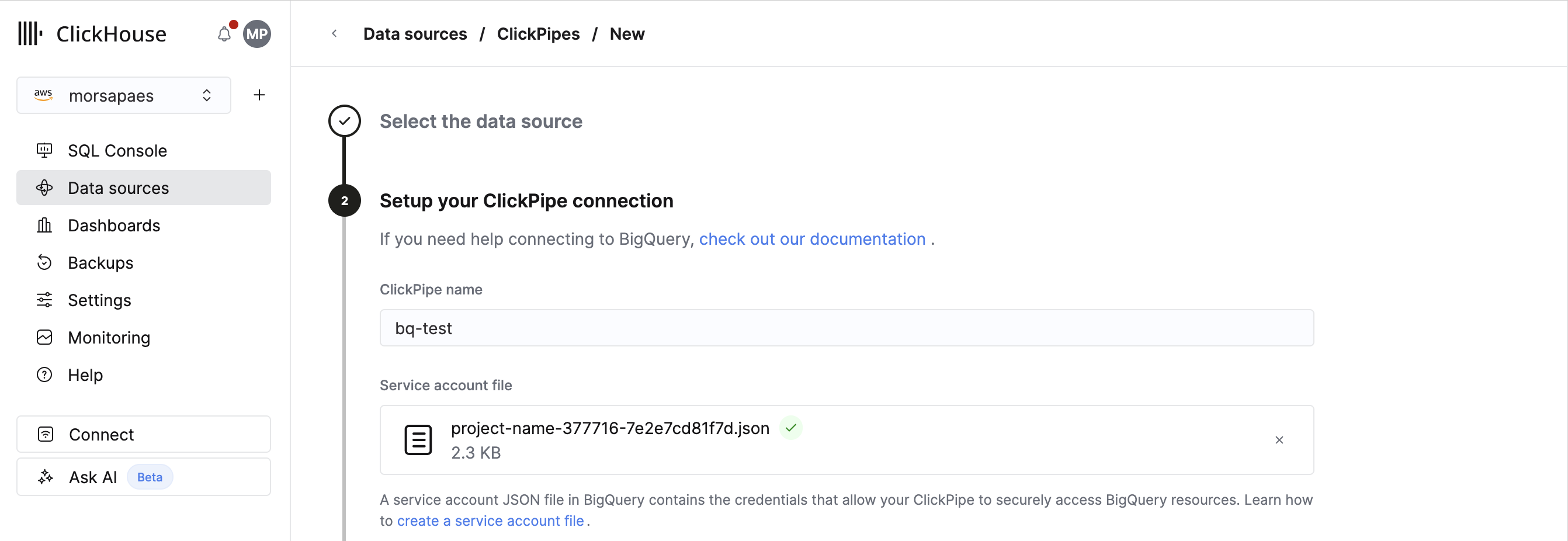 service account キーのアップロード