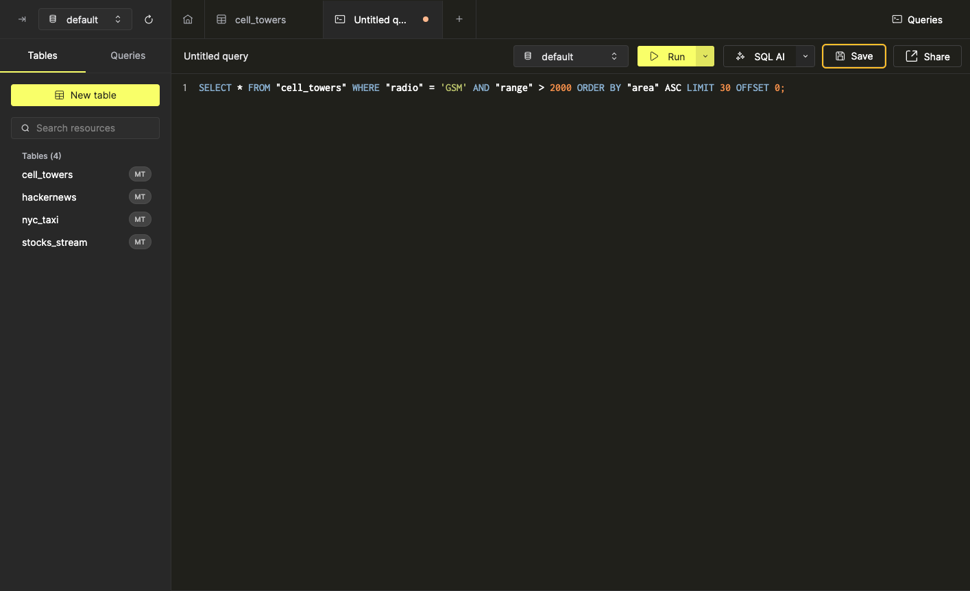 フィルタとソートから SQL を生成する Create Query ボタンを示すインターフェース