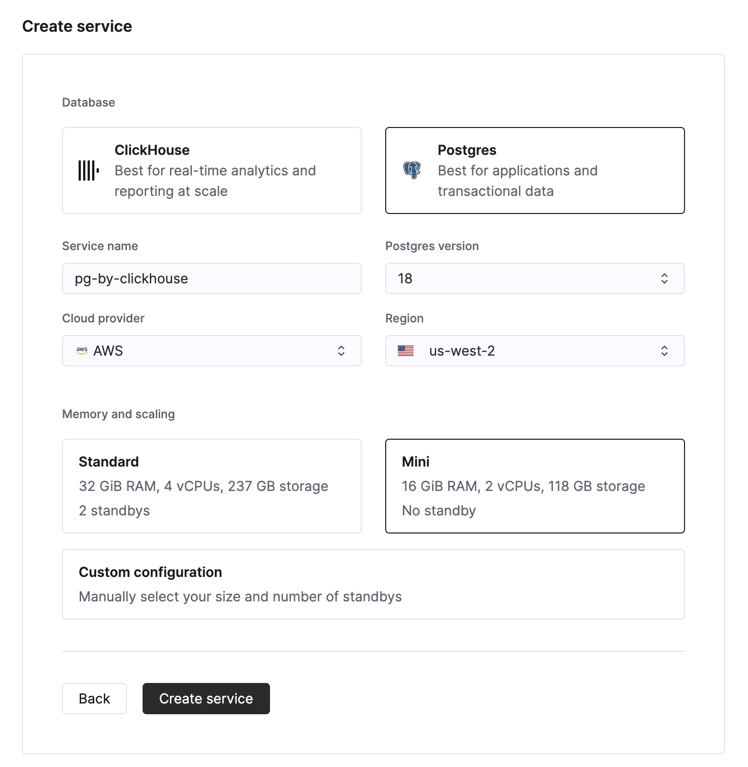 ClickHouse Managed Postgres インスタンスを作成する