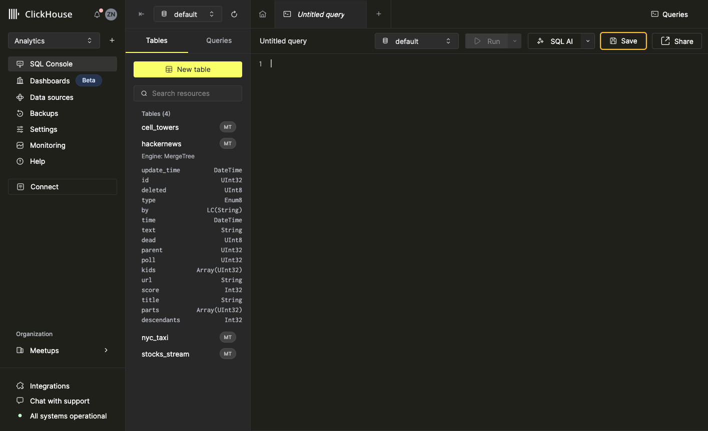 「+」ボタンまたは New Query ボタンを使って新しいクエリを作成する方法を示すインターフェース