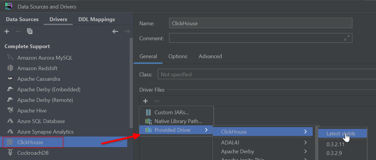 ClickHouse ドライバのインストールを表示している DataGrip の Drivers タブ