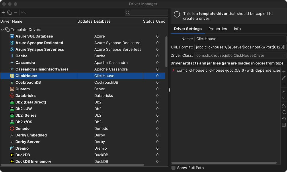 ClickHouse JDBC ドライバー設定を表示している DbVisualizer ドライバー管理インターフェース