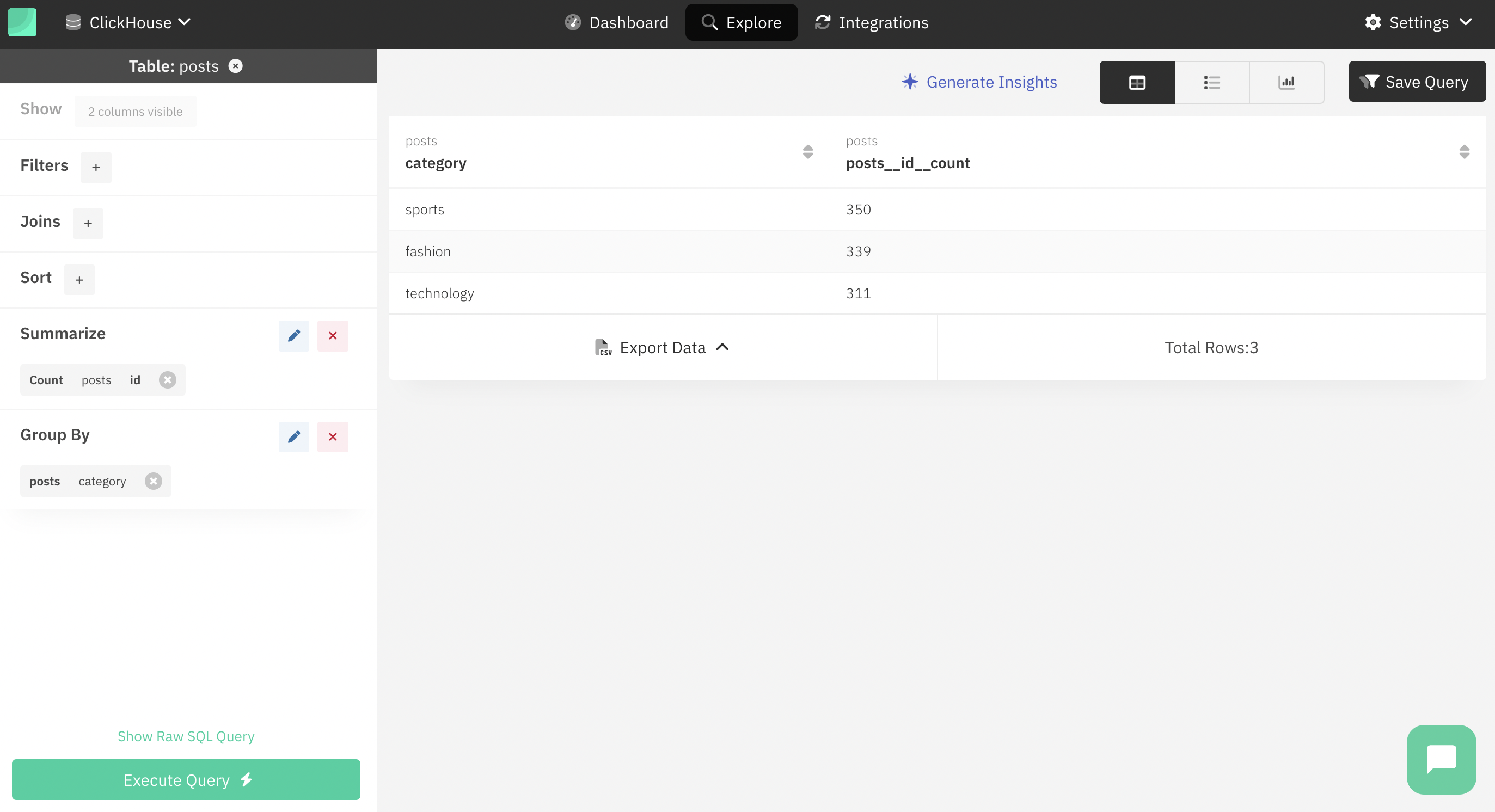 フィルターとソートオプションを表示している Draxlr のデータ探索インターフェイス