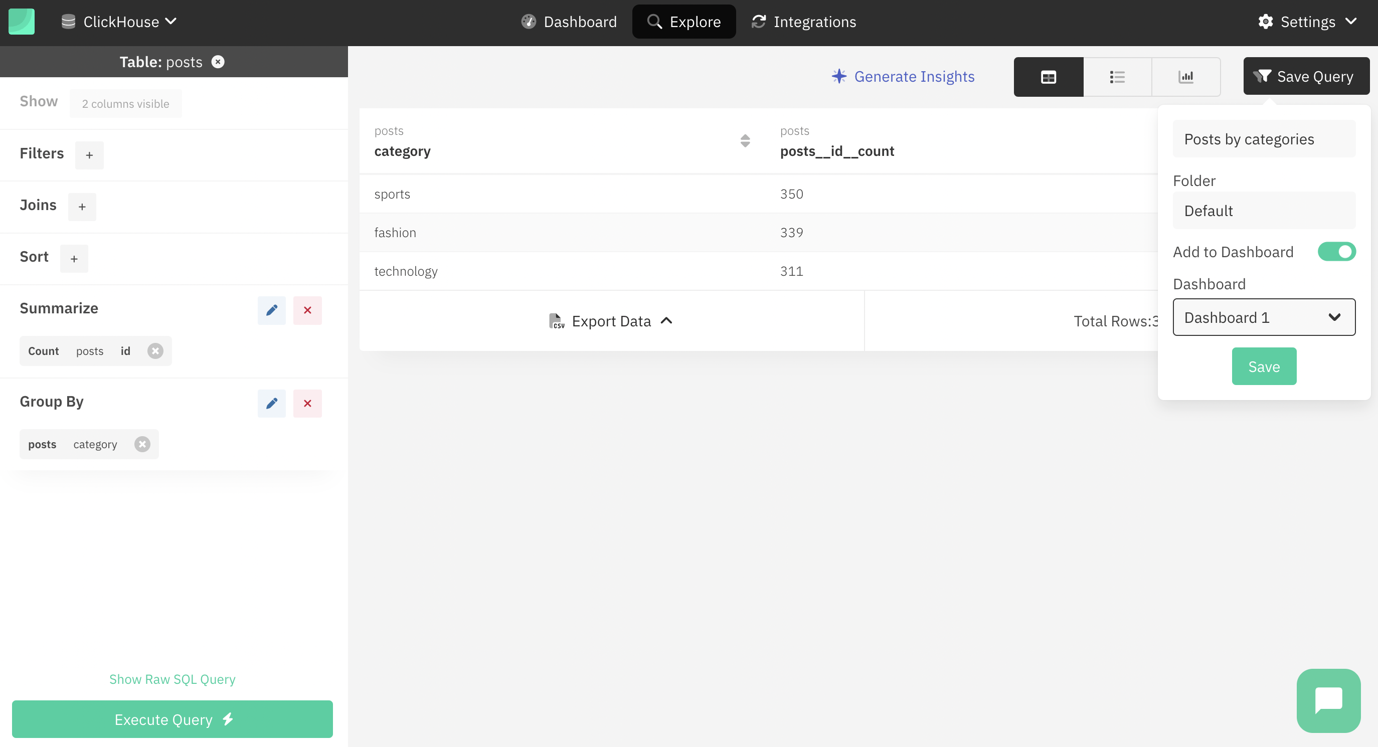 ダッシュボードオプションを含む Draxlr のクエリ保存ダイアログ
