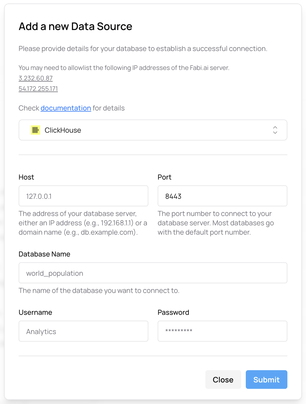 ClickHouse 認証情報フォーム