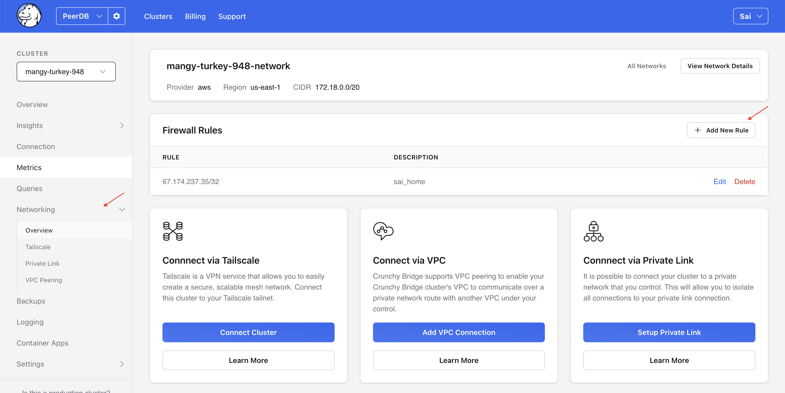 Crunchy Bridge で Firewall Rules を確認できる場所