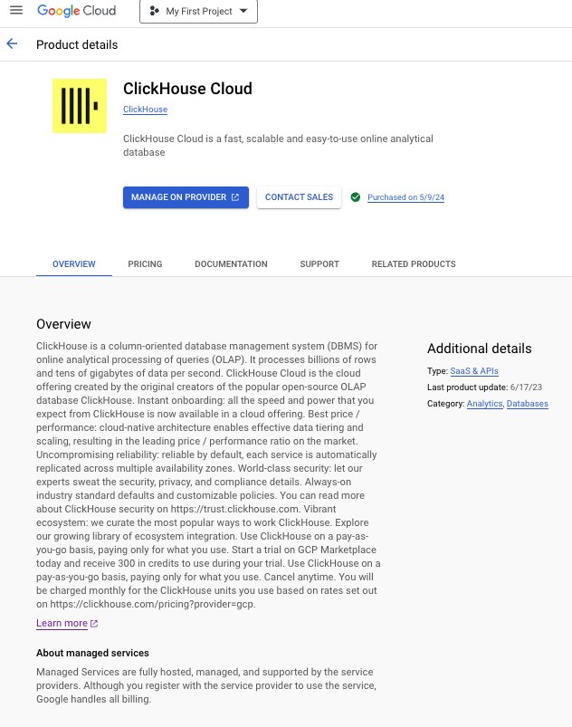 GCP Marketplace の ClickHouse Cloud ページ