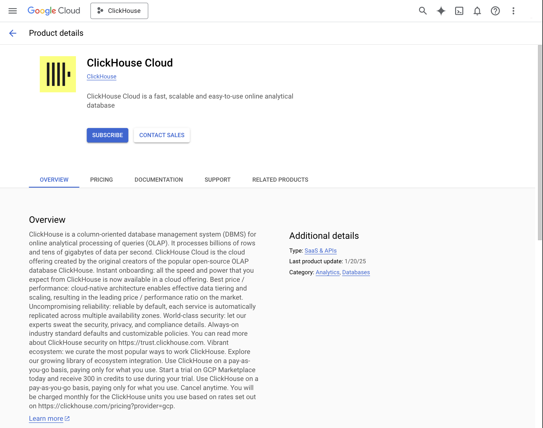 GCP Marketplace 内の ClickHouse Cloud