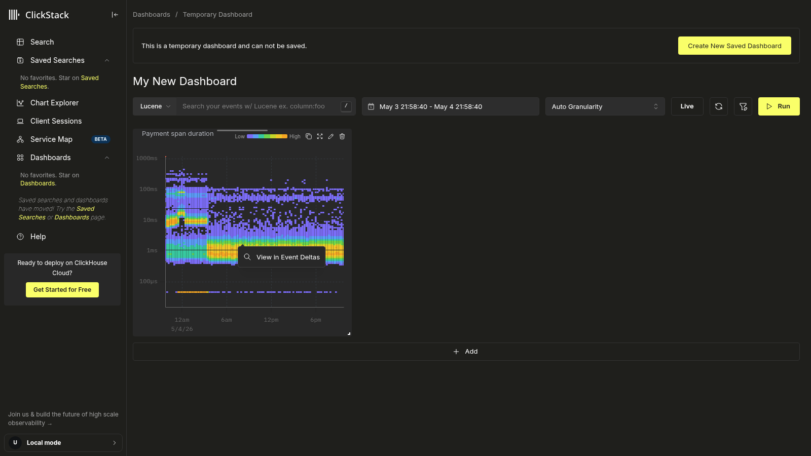 ヒートマップのセルをクリックすると、`View in イベントデルタ` アクションが表示される