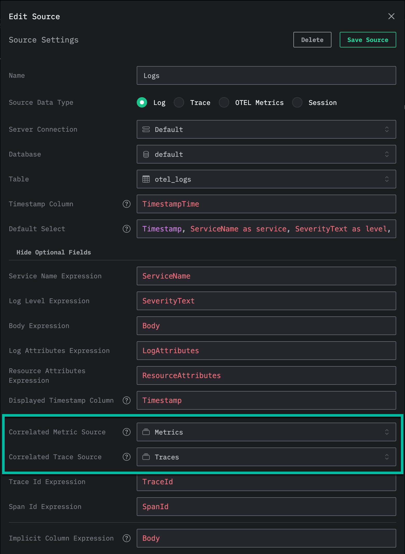 相関ソースが設定された HyperDX のソース