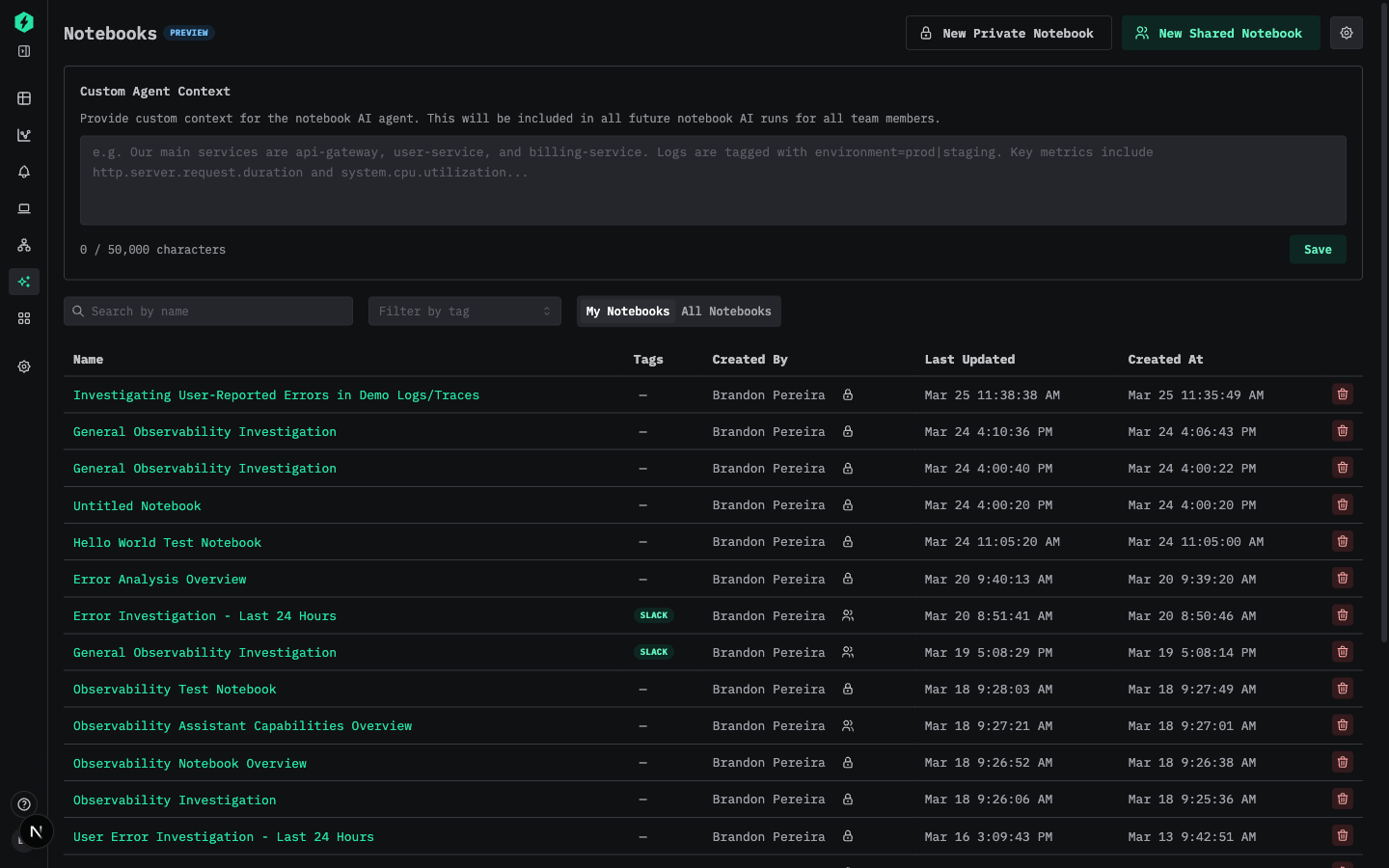 カスタムコンテキスト用の Agent Settings パネル
