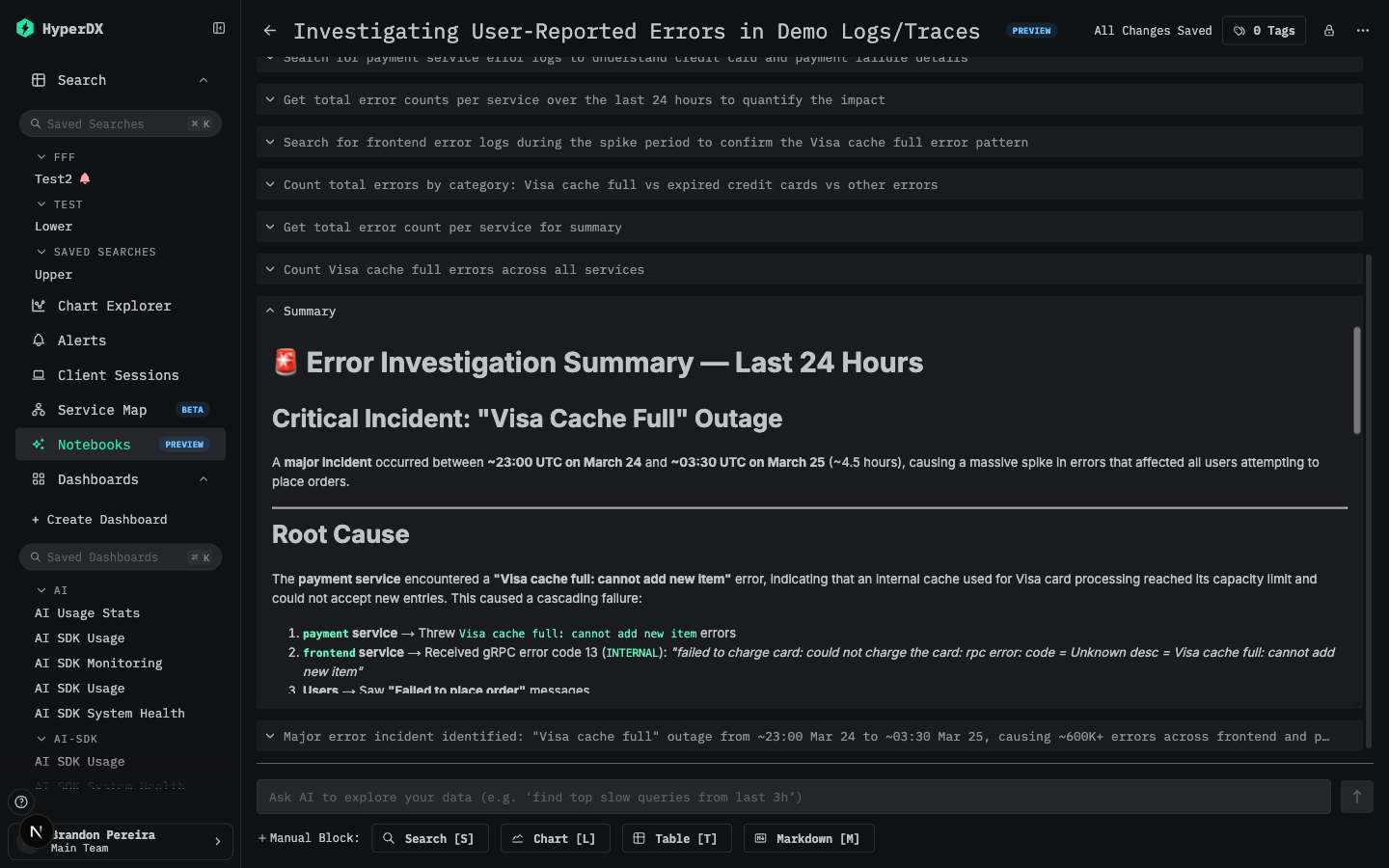 Visa のキャッシュフル障害を調査している AI Notebook