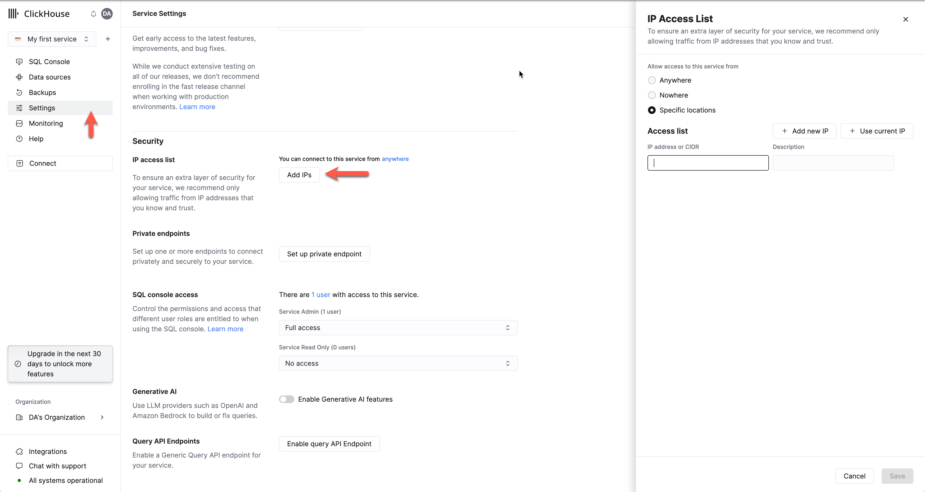 サービスが IP アクセスリストで自分の IP アドレスからのトラフィックを許可しているかを確認する