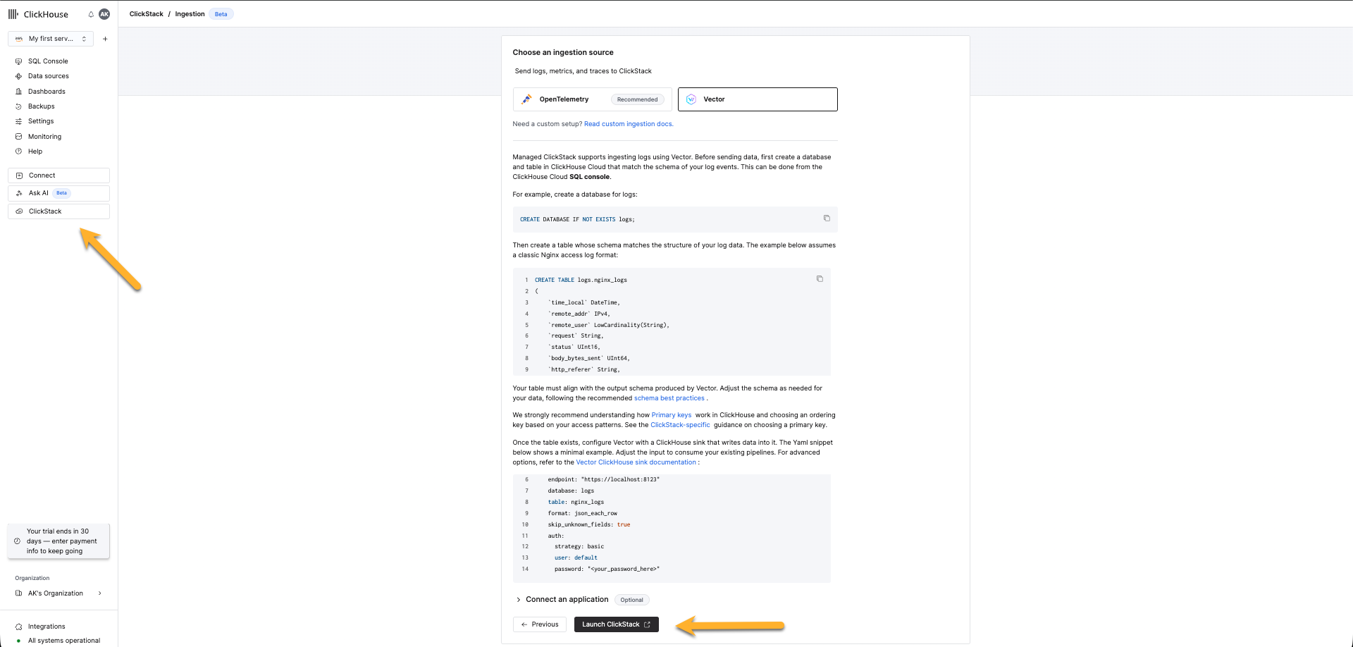 Vector 用の ClickStack を起動する