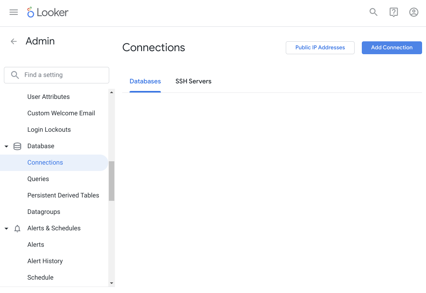 Looker のデータベース管理インターフェースで新しい接続を追加する画面