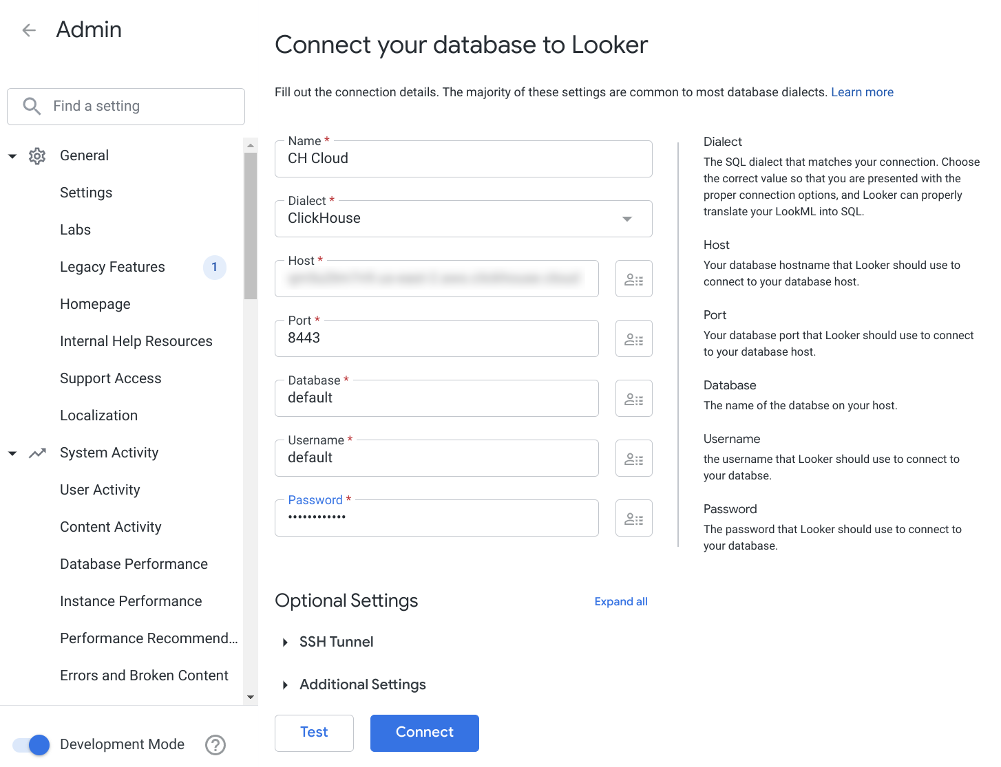 Looker の接続フォームで ClickHouse の認証情報を指定する画面