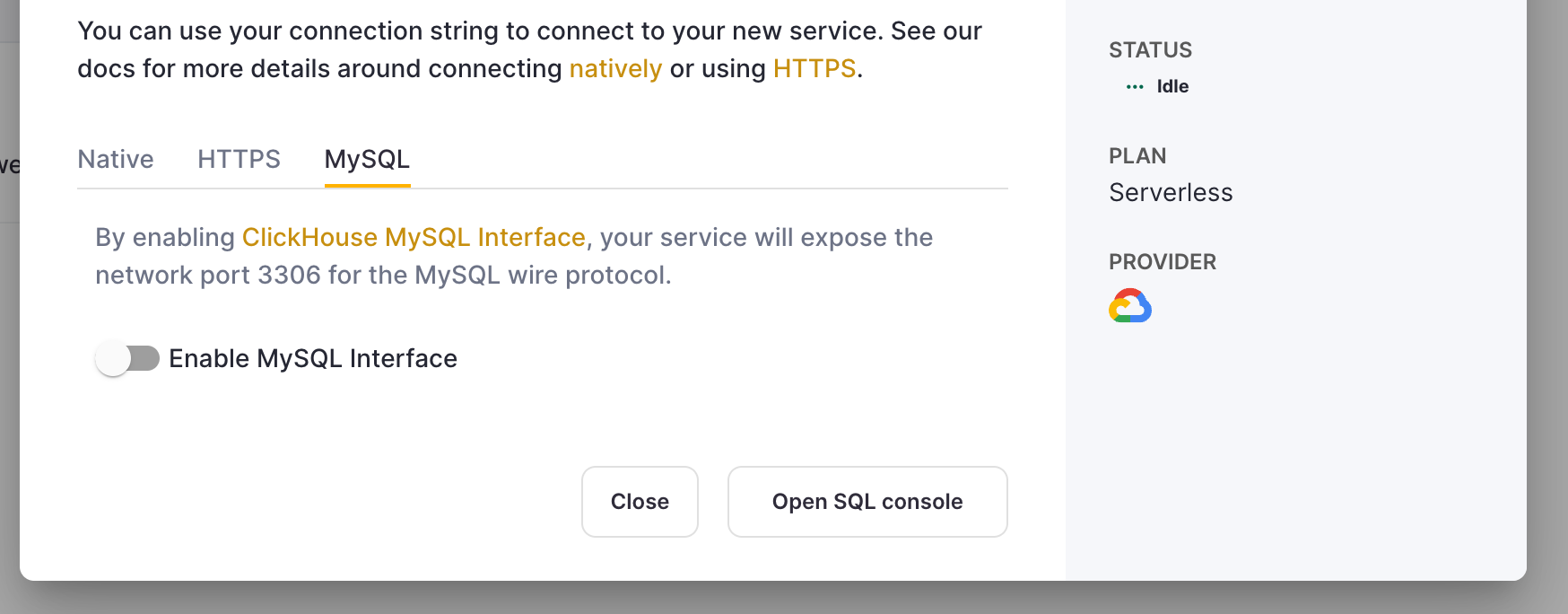ClickHouse Cloud の設定で MySQL インターフェイスを有効にする