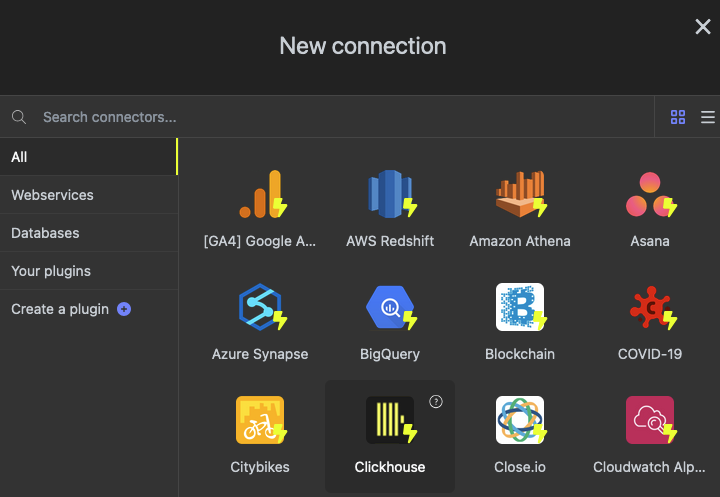 ClickHouse が選択された「Create a New Connection」ダイアログを表示している Luzmo インターフェース